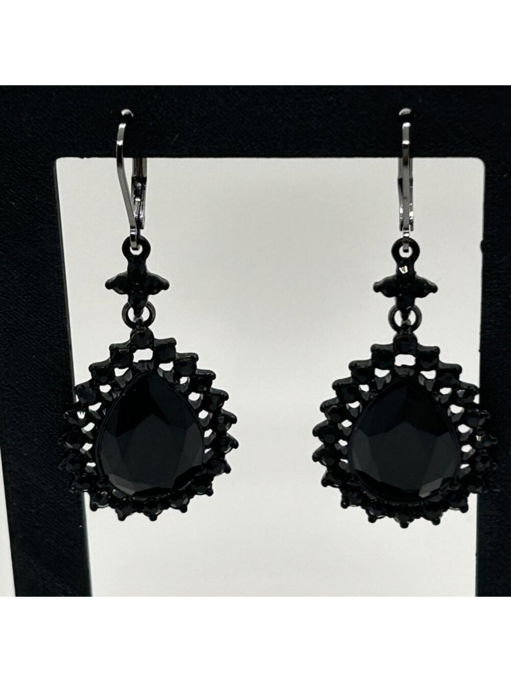 Black Acrylic Rhinestone Leverback Earrings Drop Dangle Morning Gothic Style